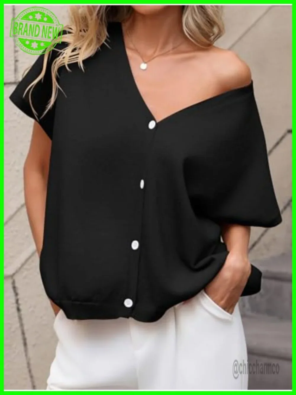 Oversized Short Sleeve Cardigan Lightweight V Neck Button Knit Sweater Beach